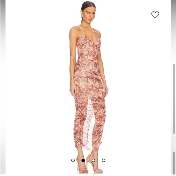 elliatt mica leaf print peach pink ruched deep v neck side slit midi dress small - Picture 6 of 14